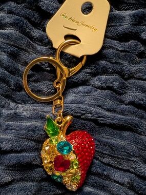 Gold-Tone Jeweled Strawberry Keychain - Red, Green, Blue